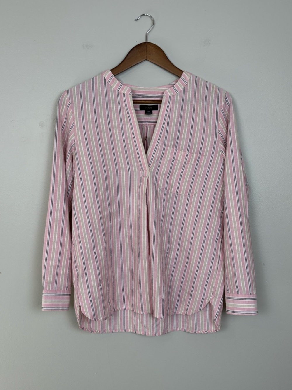 J Crew Top Womens XS Pink White Stripe V-Neck Cotton Poplin Long Sleeve Blouse